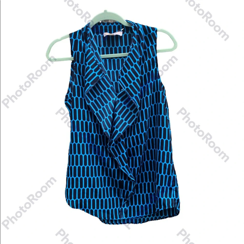 MICHAEL KORS BLUE GEOMETRIC CONTEMPORARY RUFFLE BLOUSE